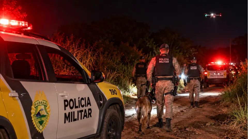 Ilustração de policiais militares realizando buscas noturnas com cão farejador, drones e viaturas em uma estrada rural.