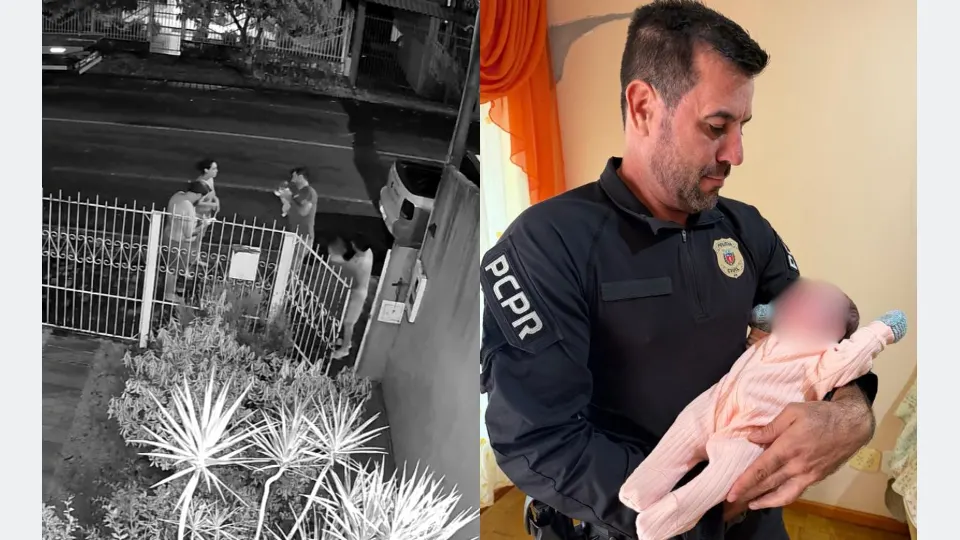 Policial civil segura bebê após atendimento de emergência por engasgo em Dois Vizinhos; ao lado, imagem de câmera de segurança registra o momento do socorro.