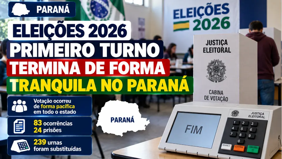 Arte sobre o primeiro turno das Eleições 2026 no Paraná, com urna eletrônica e dados de ocorrências, prisões e substituição de urnas.