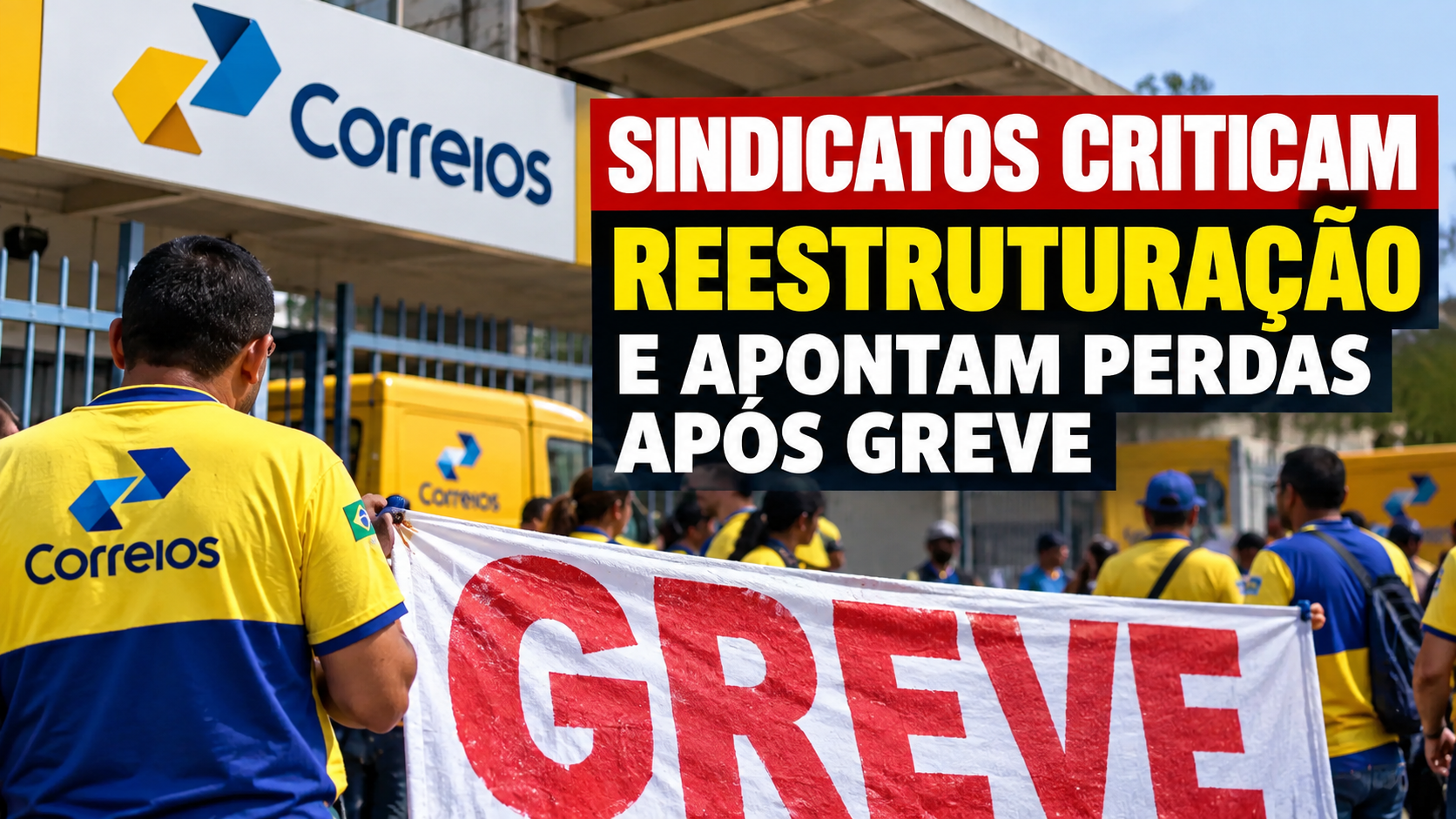 Arte ilustrativa de trabalhadores dos Correios em mobilização após greve, com destaque para críticas sindicais à reestruturação da empresa.