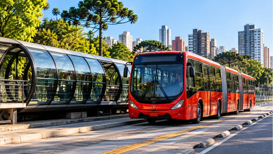 Ilustração de ônibus biarticulado vermelho próximo a uma estação-tubo, representando o transporte coletivo de Curitiba.