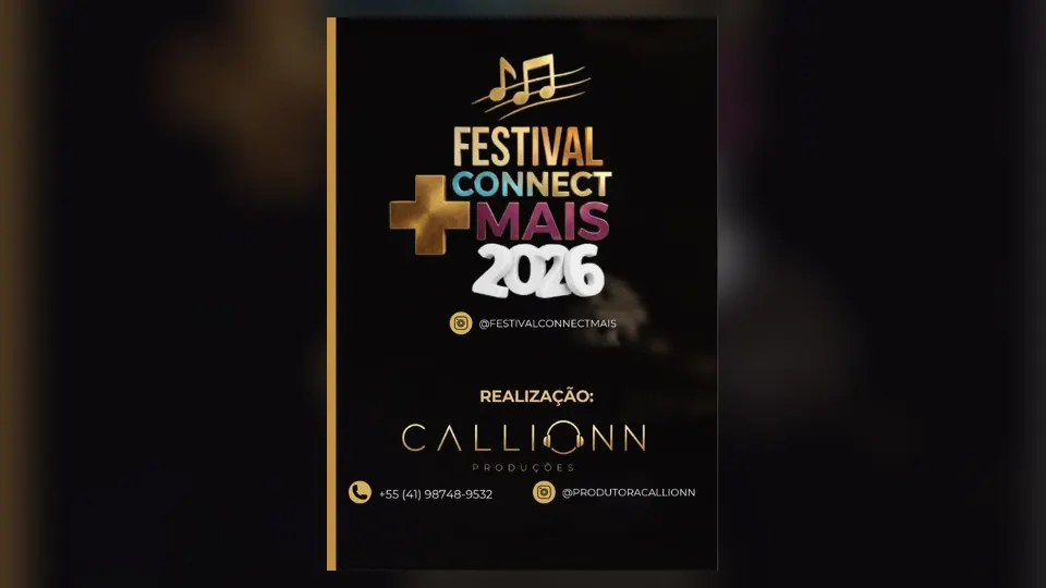 Arte oficial do Festival Connect Mais 2026, competição musical que terá grande final no Teatro Drum Shop, em Curitiba.