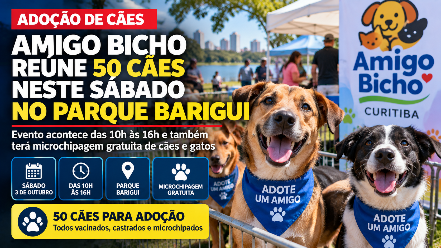 Cães disponíveis para adoção no evento Amigo Bicho, realizado no Parque Barigui, em Curitiba, com microchipagem gratuita de animais.
