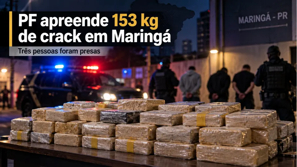 Arte ilustrativa mostra tabletes de droga apreendidos, viatura policial e agentes em referência à operação da Polícia Federal que apreendeu 153 kg de crack em Maringá.