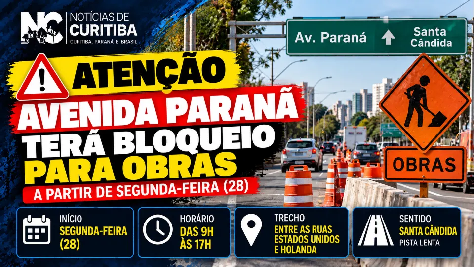 Arte do Notícias de Curitiba sobre o bloqueio para obras na Avenida Paraná, entre as ruas Estados Unidos e Holanda, no sentido Santa Cândida.