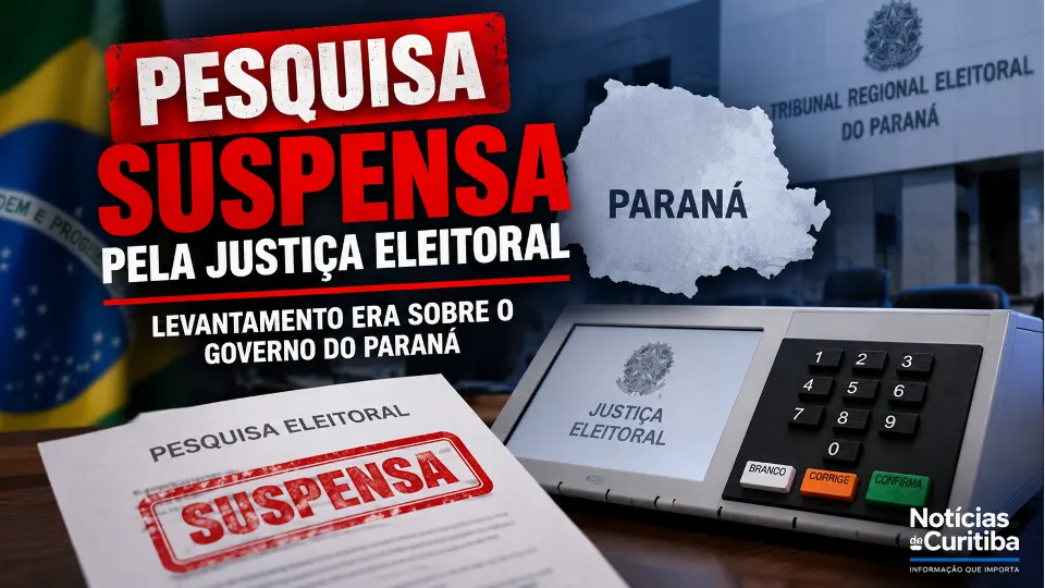 Arte jornalística sobre pesquisa eleitoral suspensa no Paraná, com urna eletrônica, mapa do estado e referência à Justiça Eleitoral.