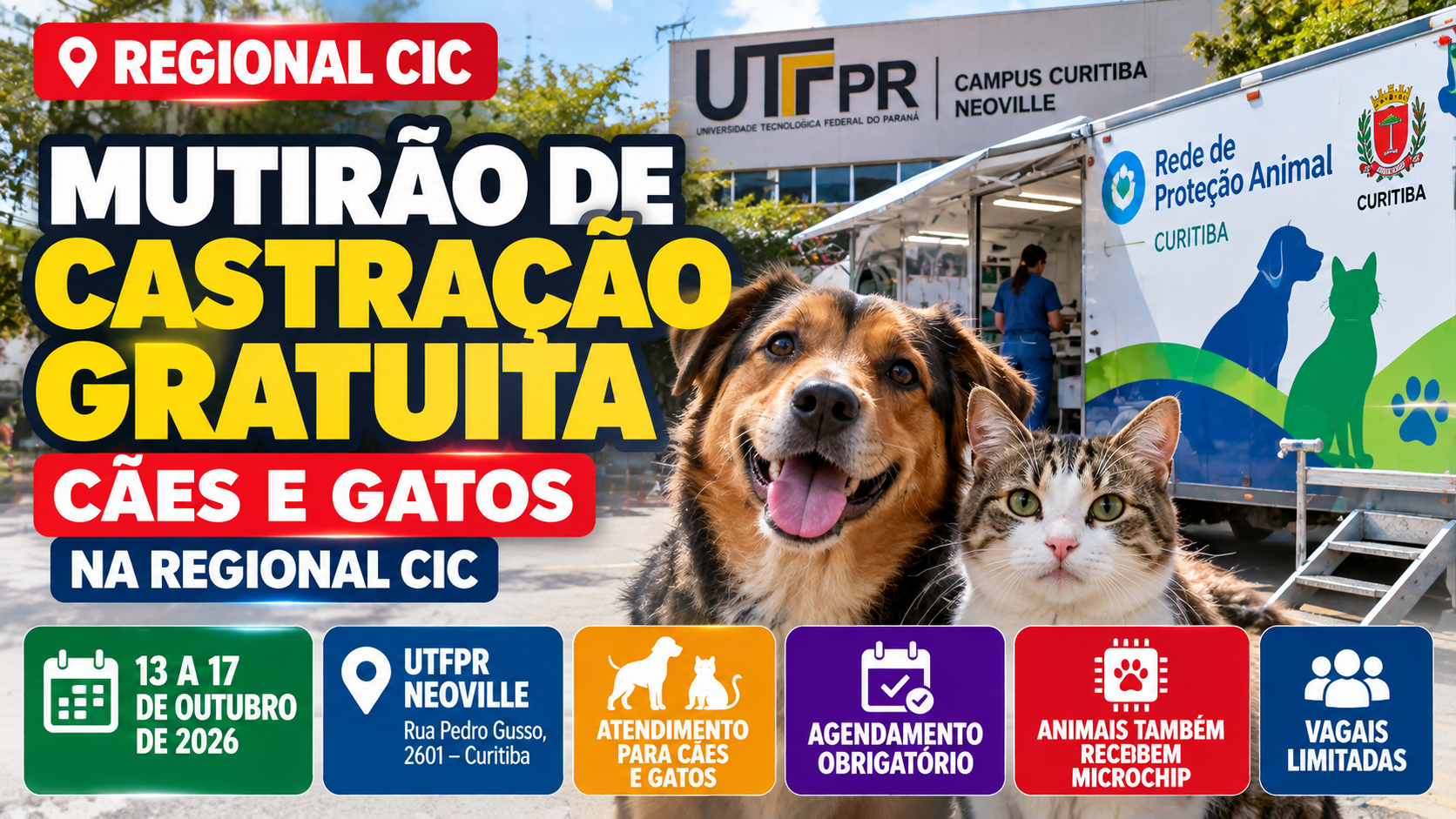 Arte sobre mutirão de castração gratuita de cães e gatos na Regional CIC, com atendimento na UTFPR Neoville, em Curitiba.