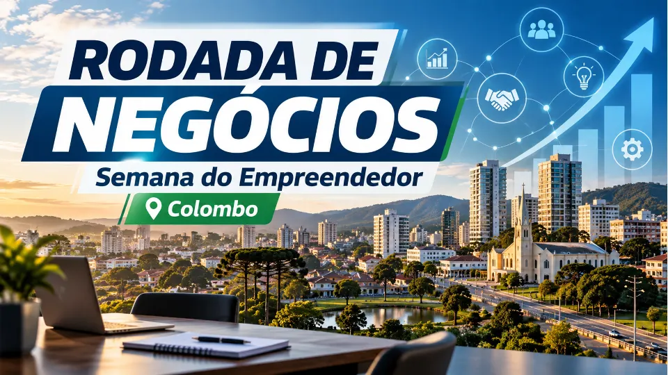 Arte da Rodada de Negócios da Semana do Empreendedor em Colombo, com elementos de crescimento, parcerias e empreendedorismo.