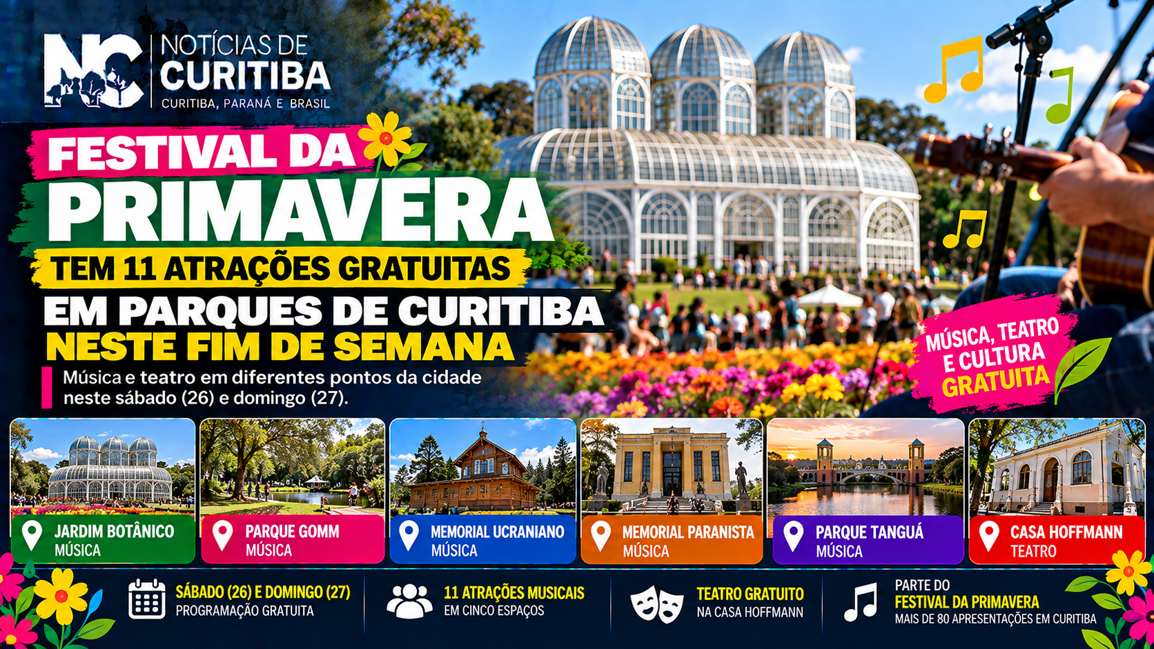 Arte do Notícias de Curitiba sobre o Festival da Primavera, com atrações gratuitas de música e teatro em parques e espaços culturais da capital.