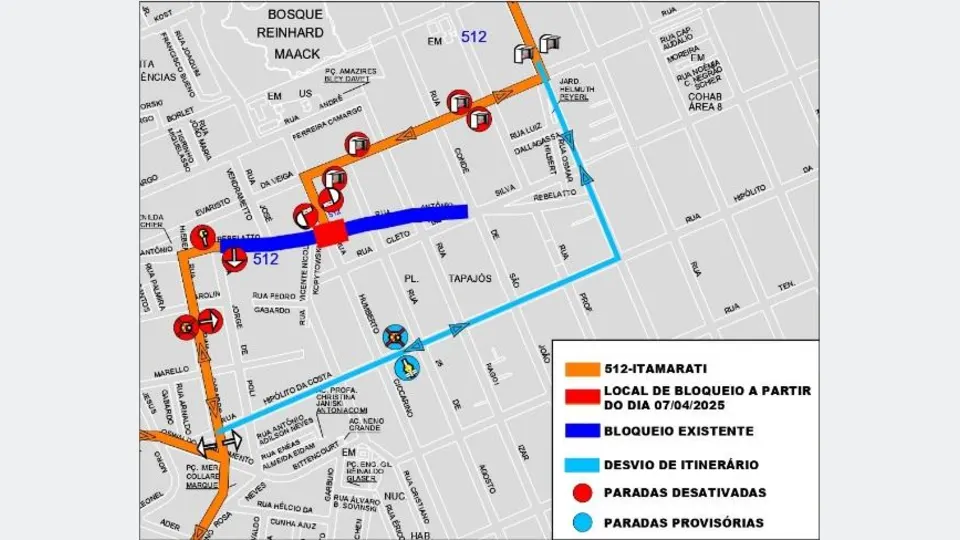 Mapas oficiais da Urbs mostram desvios dos ônibus Interbairros III e Itamarati/Vila São Pedro a partir de 30 de outubro de 2026.