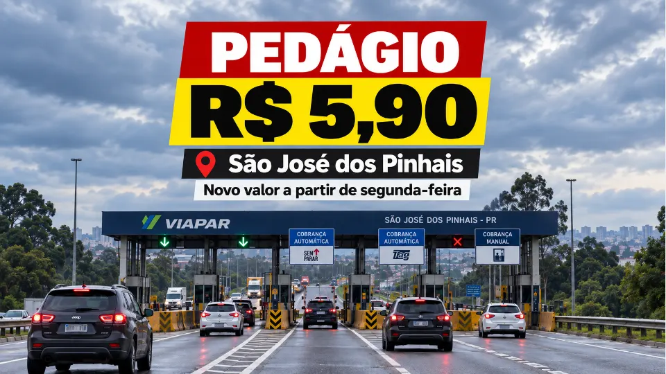 Arte ilustrativa de praça de pedágio em São José dos Pinhais com destaque para a nova tarifa de R$ 5,90.