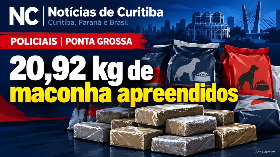 Ilustração de sacos de ração e pacotes, com manchete sobre apreensão de maconha em Ponta Grossa.