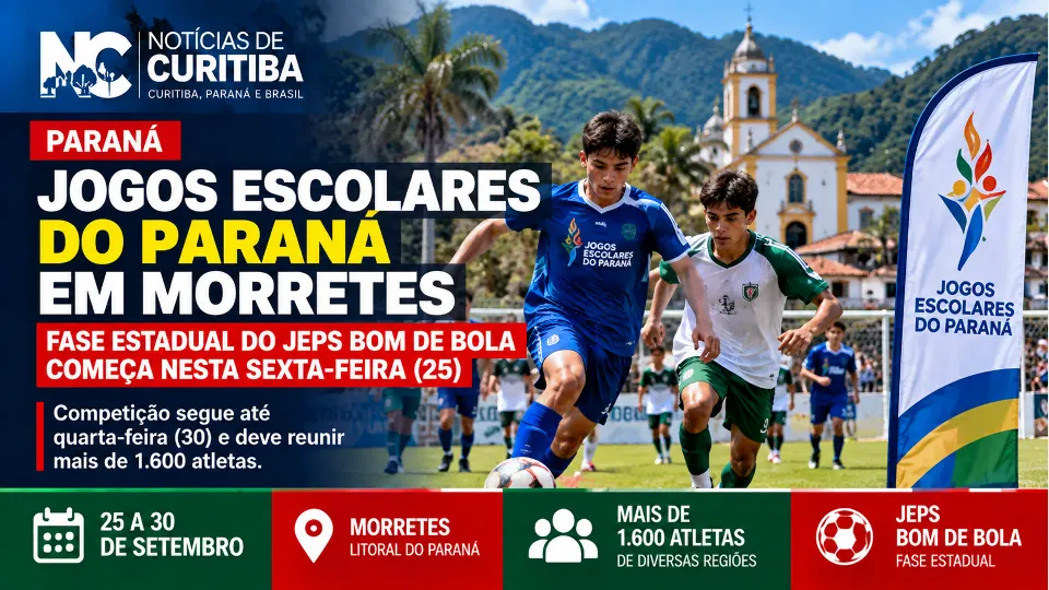 Arte do Notícias de Curitiba sobre a fase estadual dos Jogos Escolares do Paraná de futebol em Morretes.