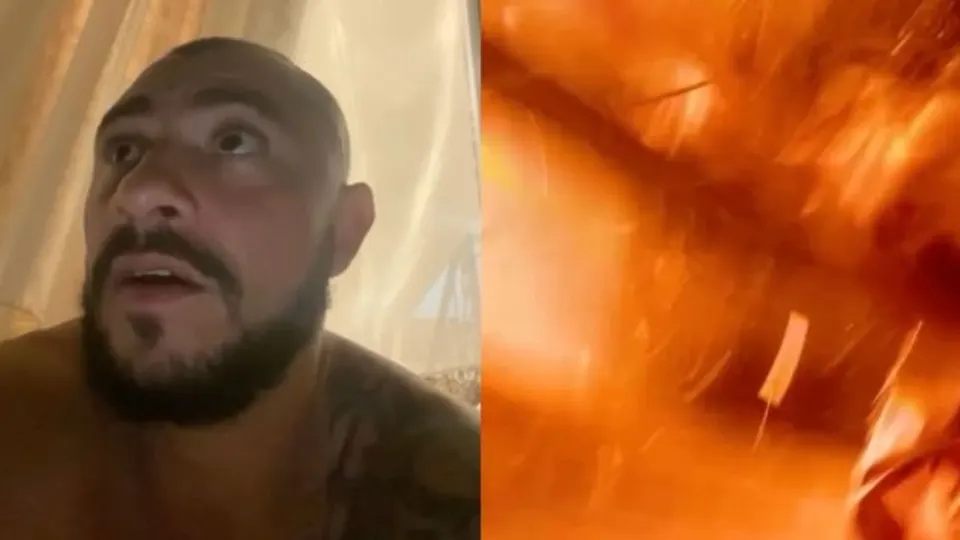 Montagem mostra um homem e imagens de uma explosão relacionada a um ataque na Ucrânia.