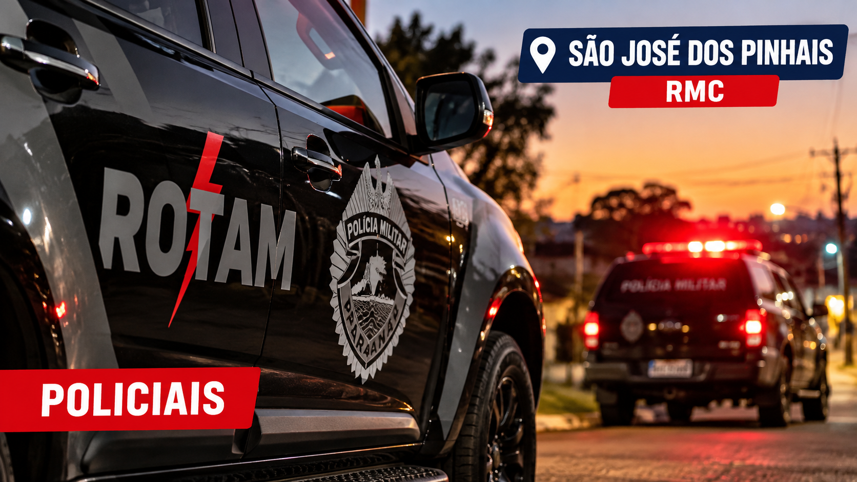 Arte ilustrativa com viaturas da Rotam representando ocorrência policial em São José dos Pinhais, na RMC.