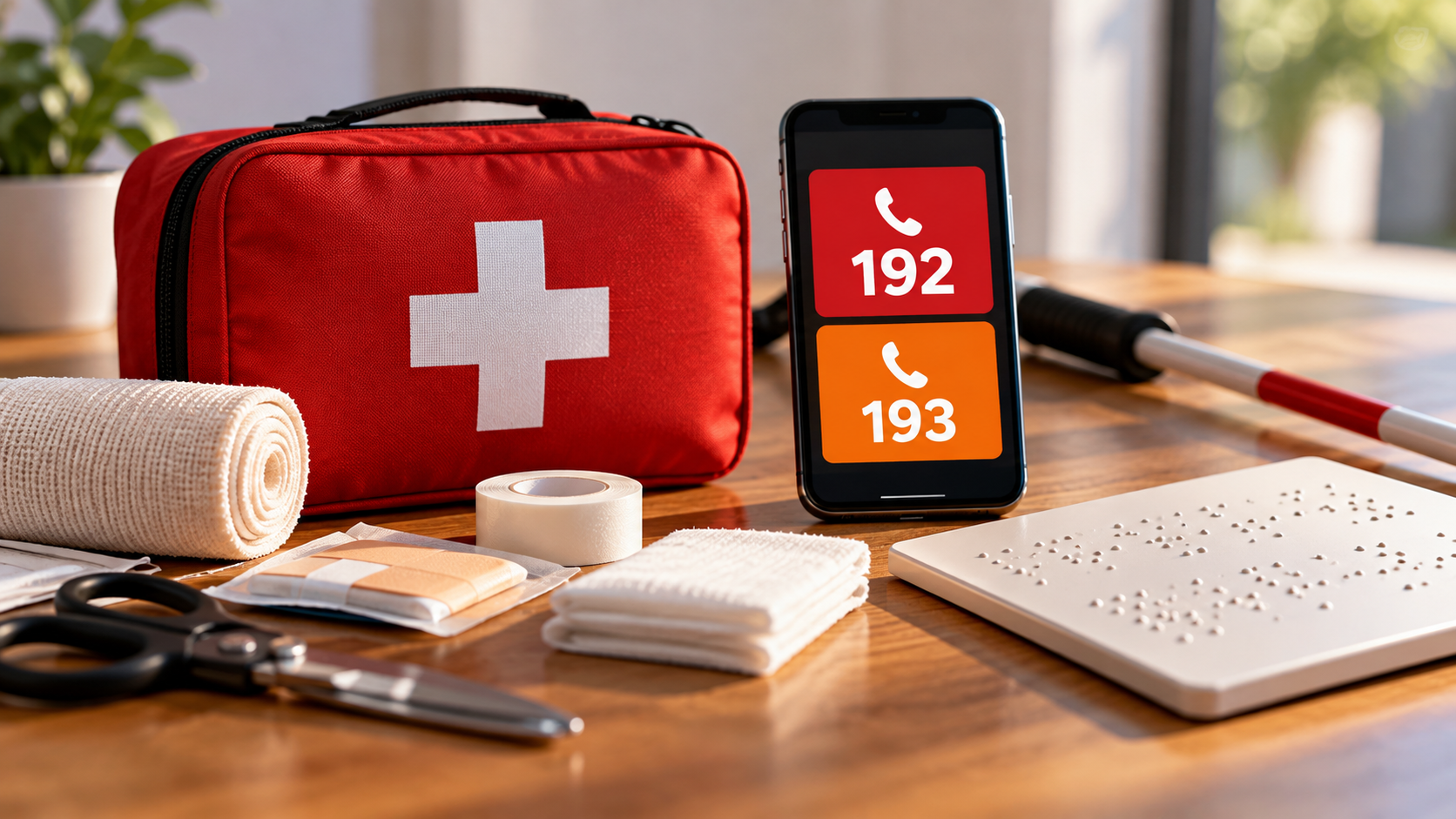 Ilustração de bolsa vermelha de primeiros socorros, ataduras, bengala de mobilidade, material em braile e celular com os números de emergência 192 e 193.