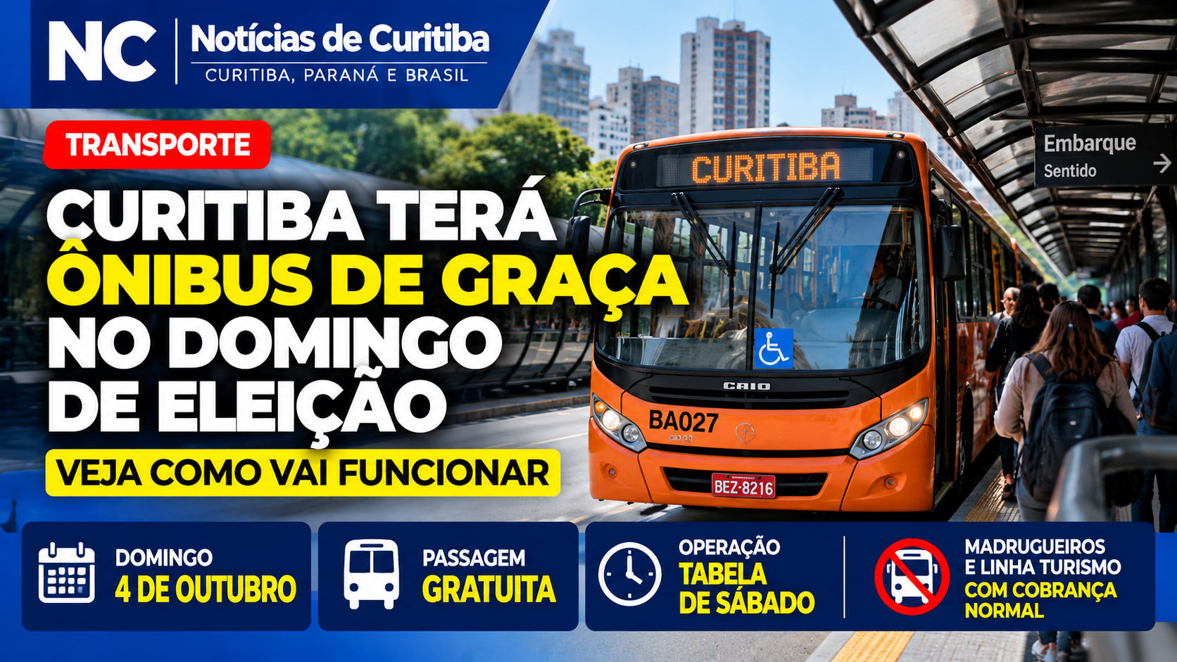 Curitiba terá ônibus de graça no domingo de eleição; veja como vai funcionar
