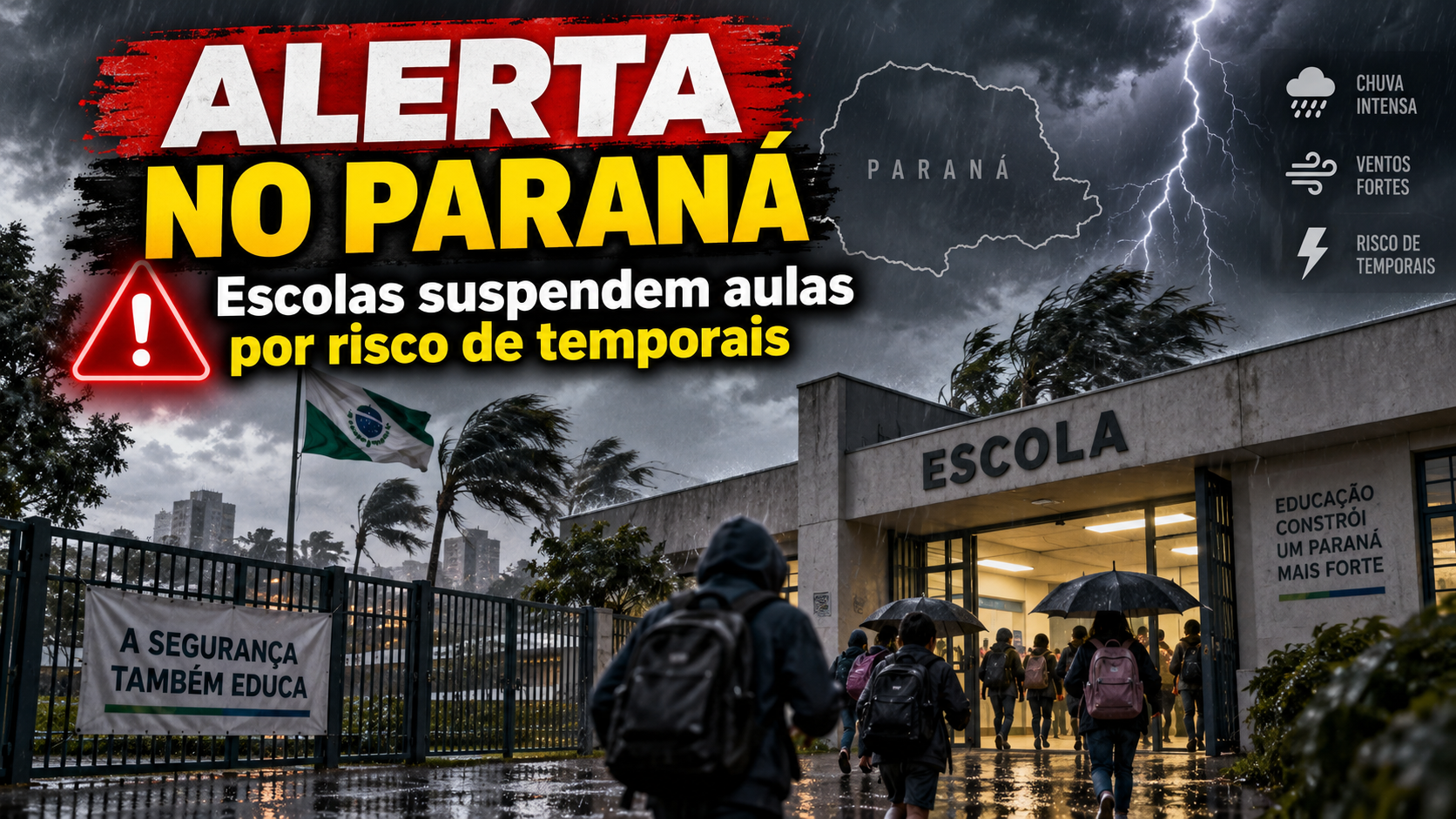 Arte informativa sobre alerta de temporais no Paraná, com escola sob chuva forte e a mensagem de que escolas suspenderam aulas por risco de temporais.