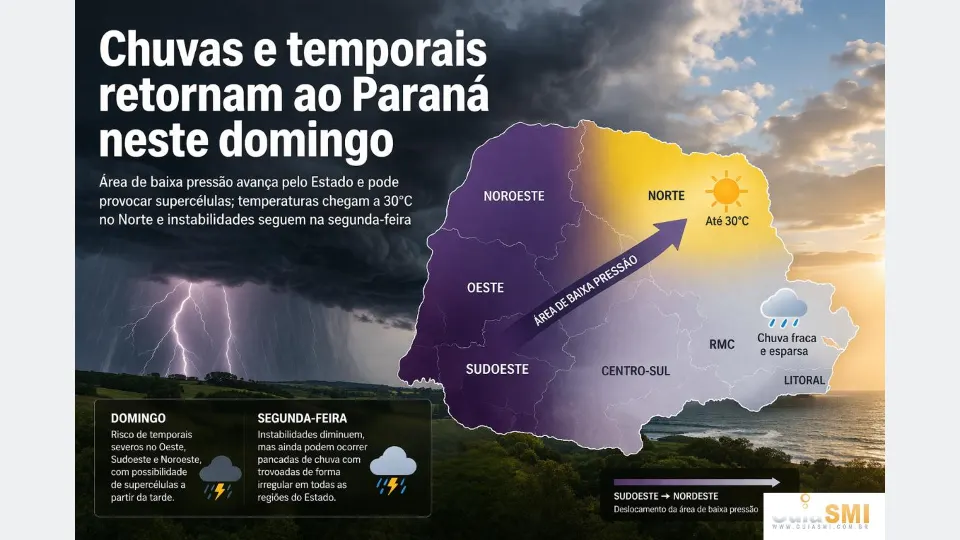 Imagem ilustrativa de condições de chuva no Paraná, utilizada em alerta meteorológico sobre risco de tempestades e alagamentos.