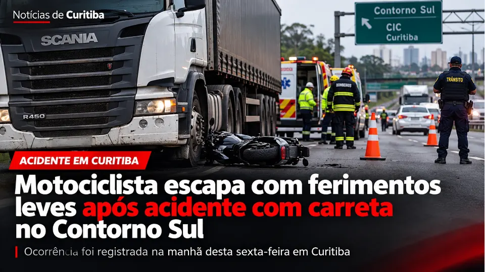 Arte do Notícias de Curitiba mostra carreta e motocicleta após acidente no Contorno Sul, na região da CIC, em Curitiba.