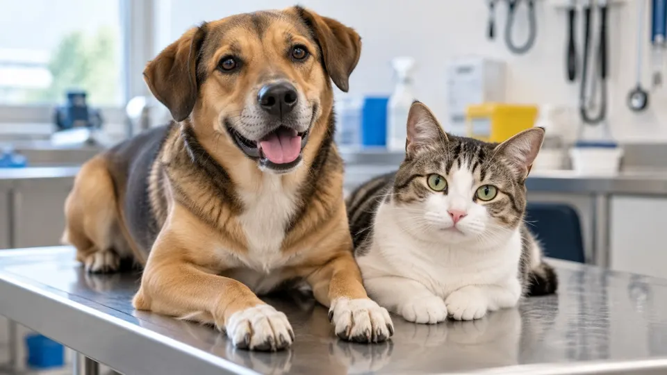 Cão e gato em clínica veterinária ilustram mutirão de castração gratuita na CIC, em Curitiba.