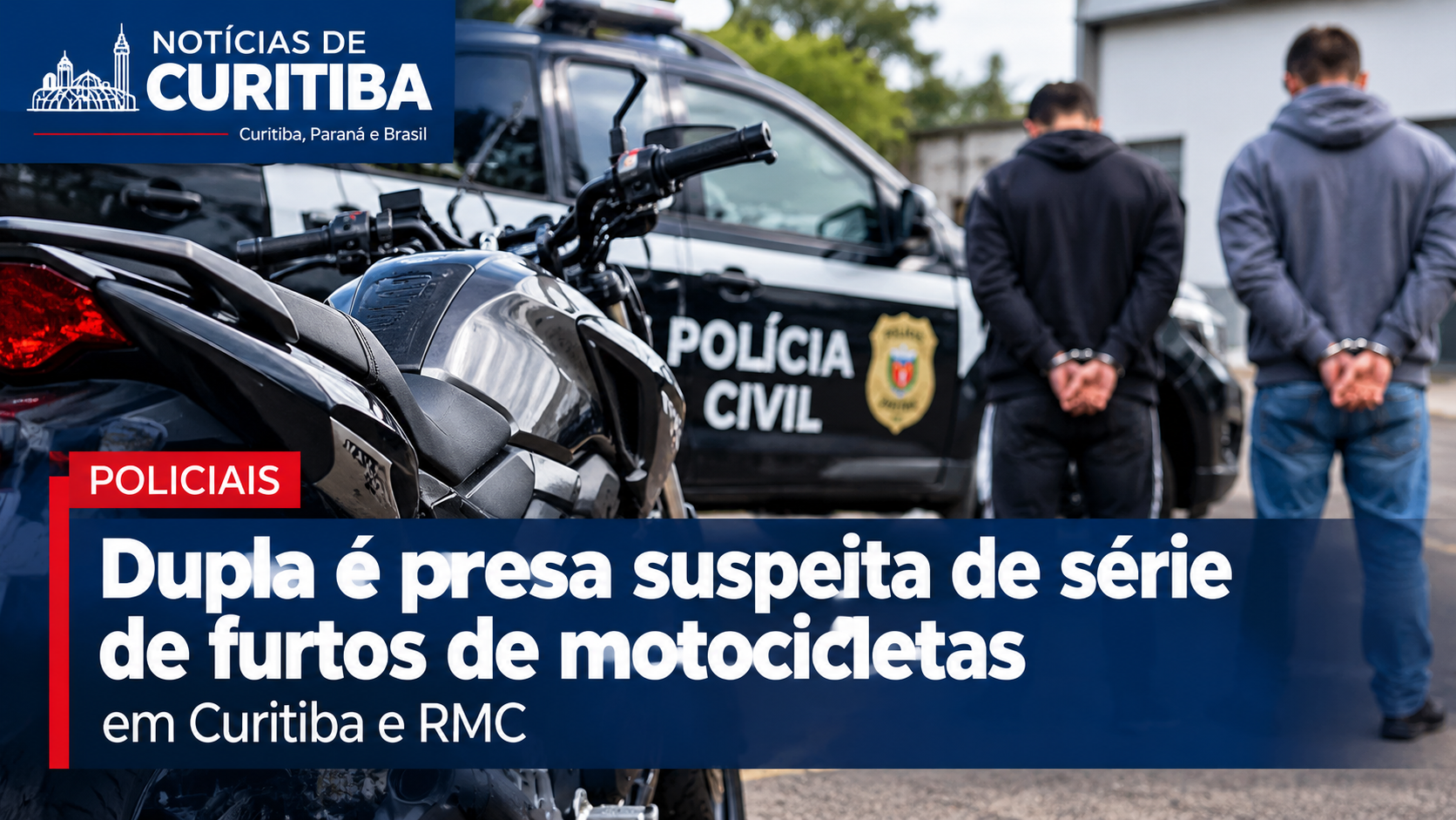Arte ilustrativa com motocicleta e operação policial representando investigação de furtos de motos em Curitiba e RMC.