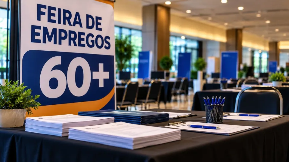 Arte ilustrativa de feira de empregos para pessoas acima de 60 anos, com mesas de atendimento, documentos e materiais de recrutamento.