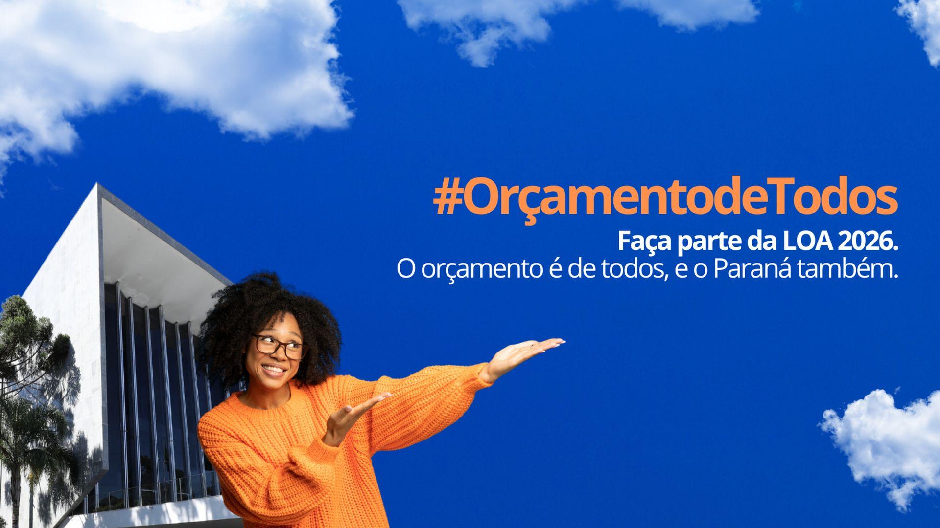 Arte azul do programa Conexão Assembleia com a mensagem de participação popular, código QR e logomarca da Assembleia Legislativa do Paraná.