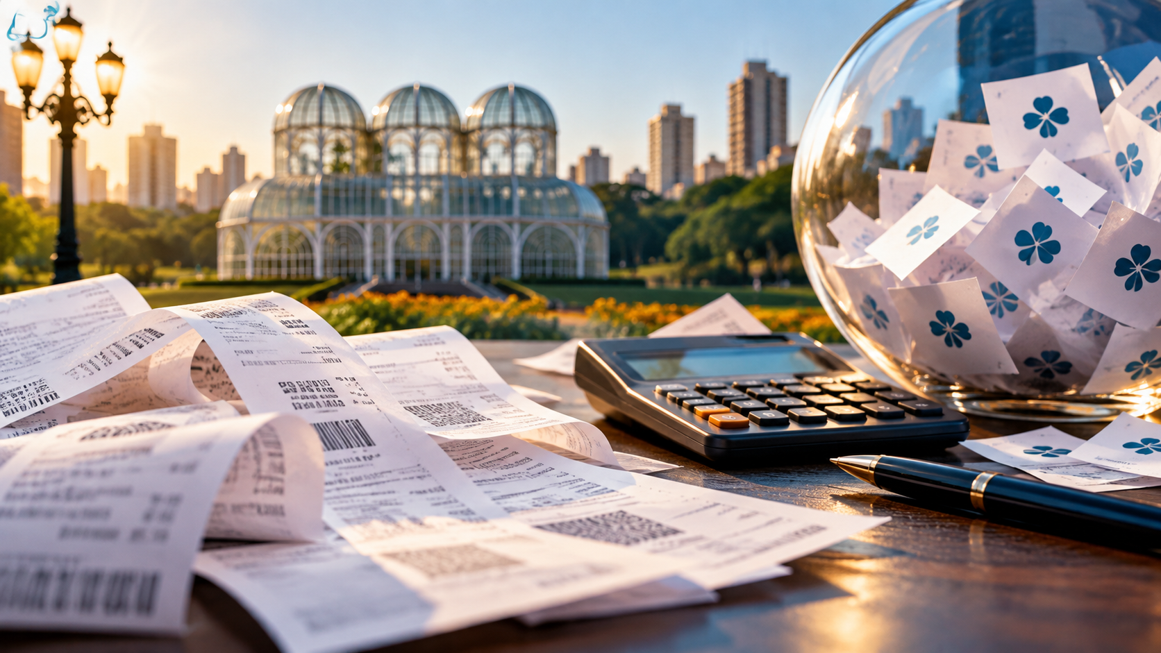 Ilustração de notas fiscais, calculadora e bilhetes de sorteio, com o Jardim Botânico de Curitiba ao fundo, representando o programa Nota Curitibana.