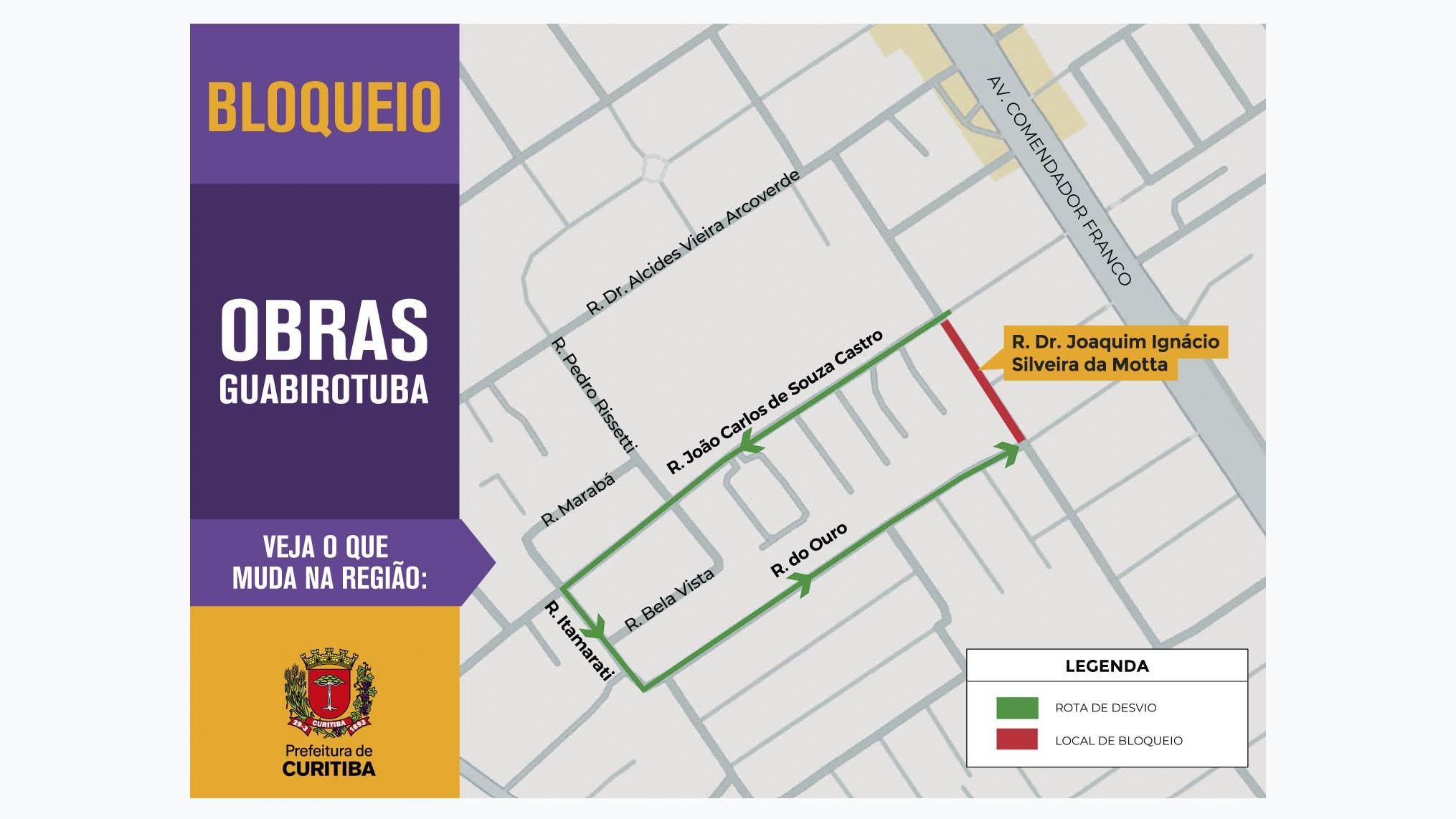 Mapa do bloqueio da Marginal Leste da Avenida Canal Belém, entre as ruas Djalma Ferreira Lopes e Adão Pietnoska, no Guabirotuba, em Curitiba.