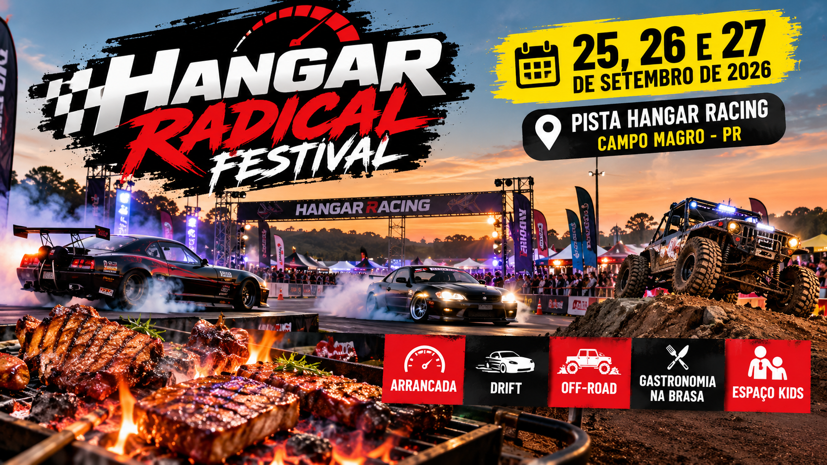 Arte ilustrativa do Hangar Radical Festival em Campo Magro, com carros de corrida, off-road e gastronomia na brasa.
