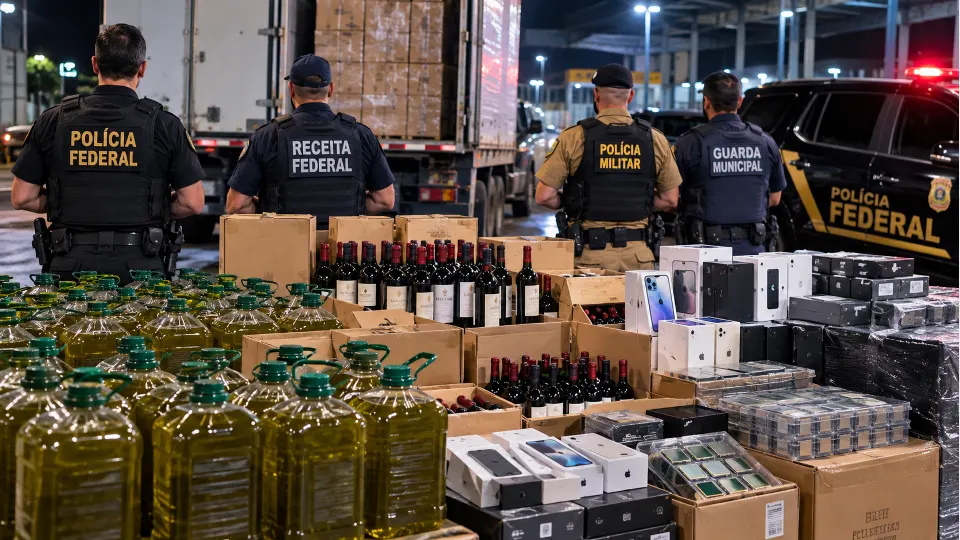 Arte ilustrativa de operação de fiscalização com azeite, vinhos e produtos eletrônicos apreendidos em Foz do Iguaçu, no Paraná.