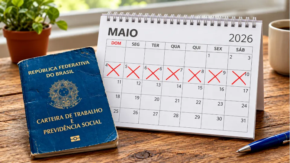 Carteira de Trabalho brasileira sobre uma mesa de madeira, ao lado de um calendário de maio de 2026, ilustrando direitos trabalhistas e trabalho em feriados.