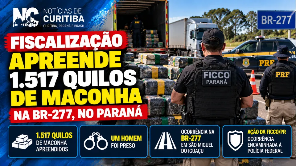 Arte do Notícias de Curitiba sobre a apreensão de 1.517 quilos de maconha durante fiscalização na BR-277, em São Miguel do Iguaçu, no Paraná.