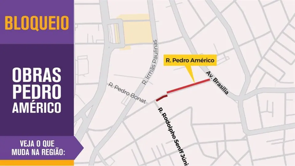 Mapa do bloqueio parcial da Rua Pedro Américo, no Novo Mundo, em Curitiba, entre as ruas Irmãs Paulinas e Rodolpho Senff Júnior, a partir de 27 de outubro de 2026.