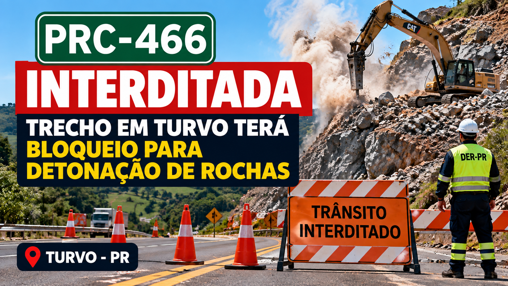 Arte ilustrativa da PRC-466 interditada em Turvo, no Paraná, para trabalhos de detonação de rochas.