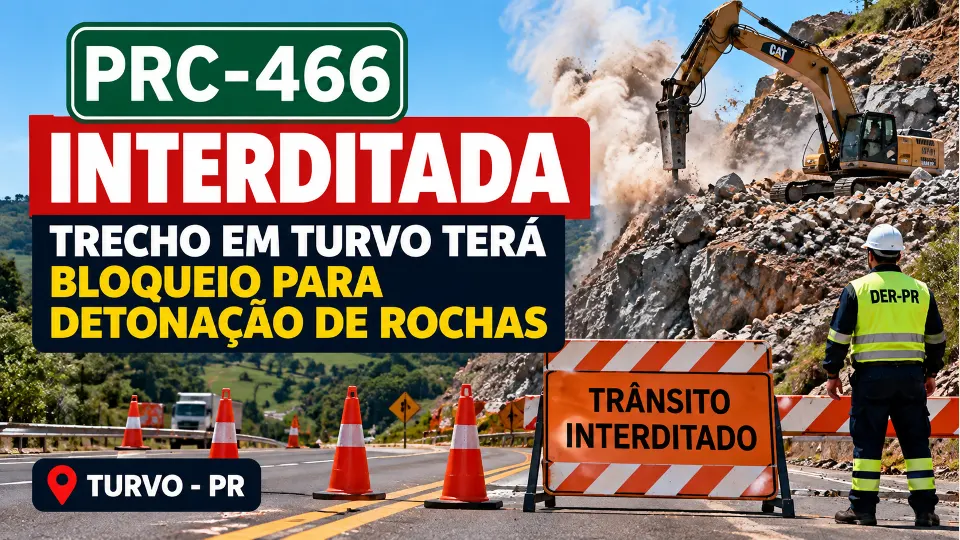 Arte ilustrativa da PRC-466 interditada em Turvo, no Paraná, para trabalhos de detonação de rochas.