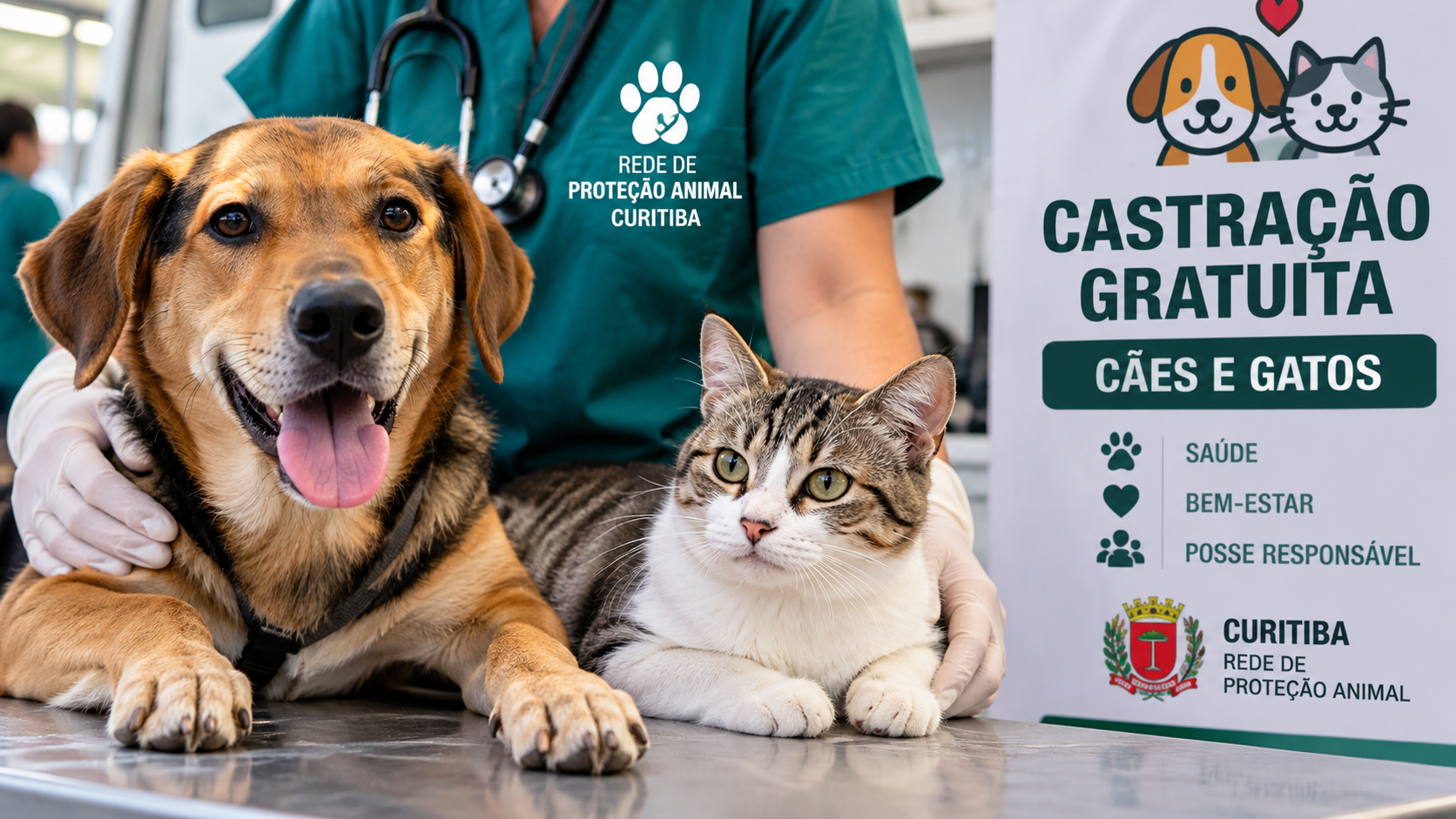 Cão e gato em atendimento veterinário durante campanha de castração gratuita em Curitiba.