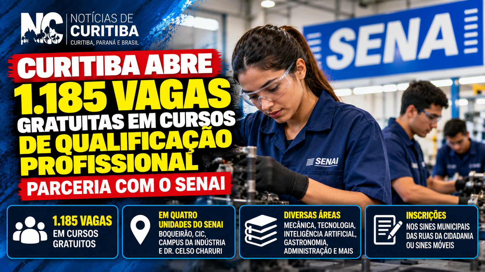 Arte do Notícias de Curitiba sobre a abertura de 1.185 vagas gratuitas em cursos de qualificação profissional do Senai em Curitiba.