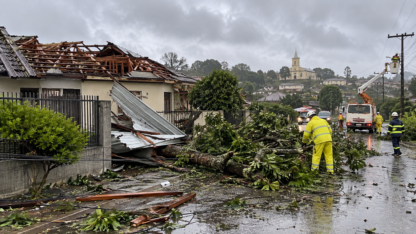 Imagem ilustrativa de danos causados por temporal no Paraná, com casa destelhada, árvore caída, rua molhada e equipes de manutenção trabalhando no local.