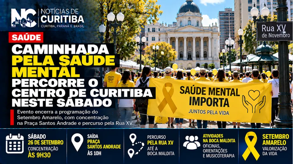 Arte do Notícias de Curitiba sobre a Caminhada pela Saúde Mental, realizada no Centro da capital durante a programação do Setembro Amarelo.