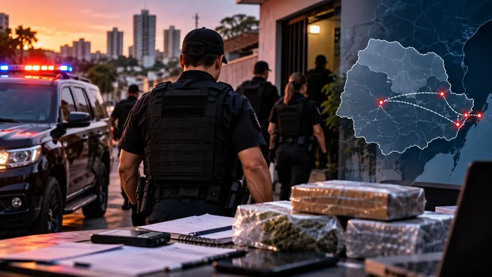 Ilustração de operação policial contra o tráfico de drogas no Paraná.
