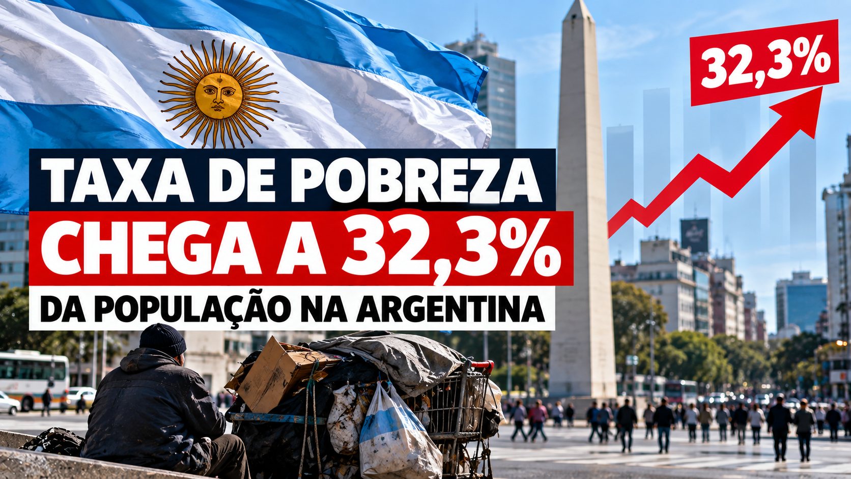 Arte ilustrativa sobre a pobreza na Argentina, com referência ao índice de 32,3% da população.