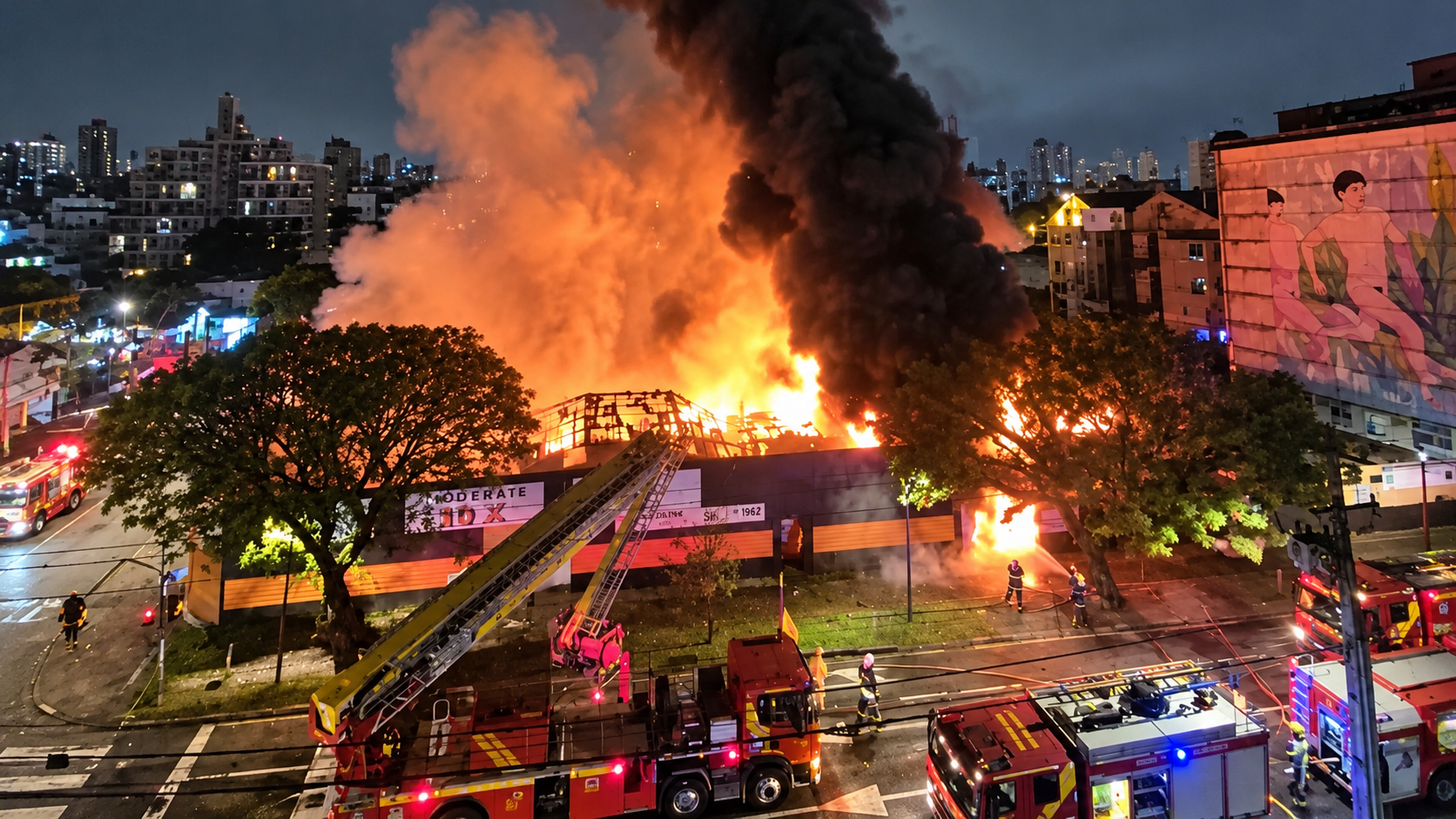 Incêndio de grandes proporções atinge loja de pneus no Rebouças, em Curitiba