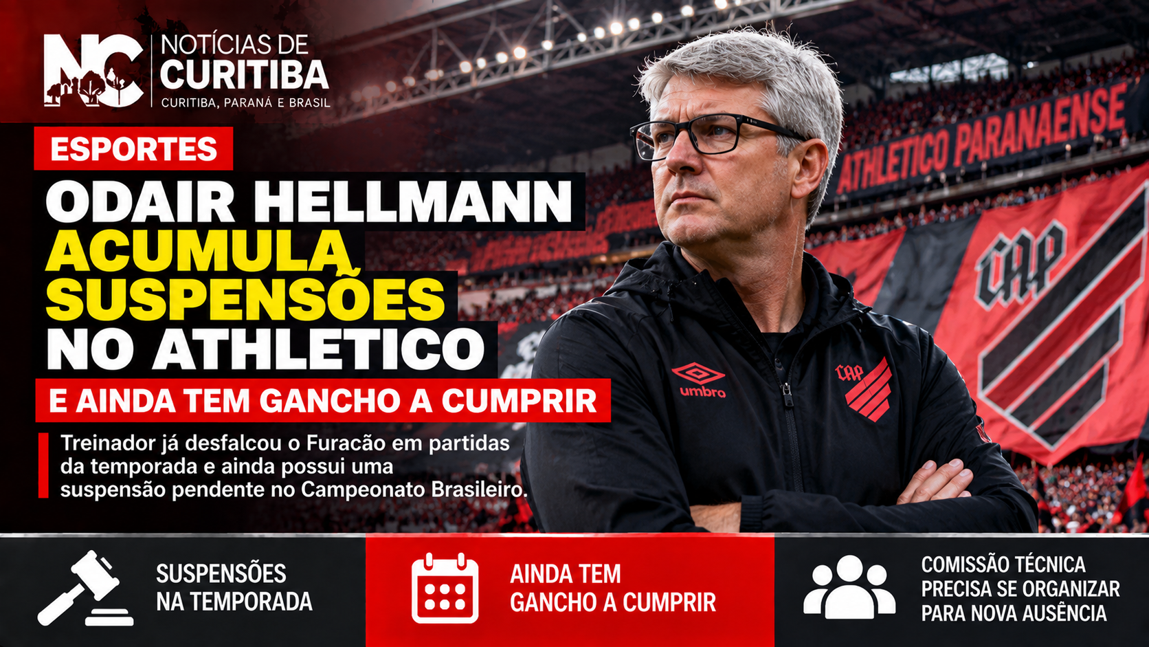 Odair Hellmann acumula suspensões no Athletico e ainda tem gancho a cumprir
