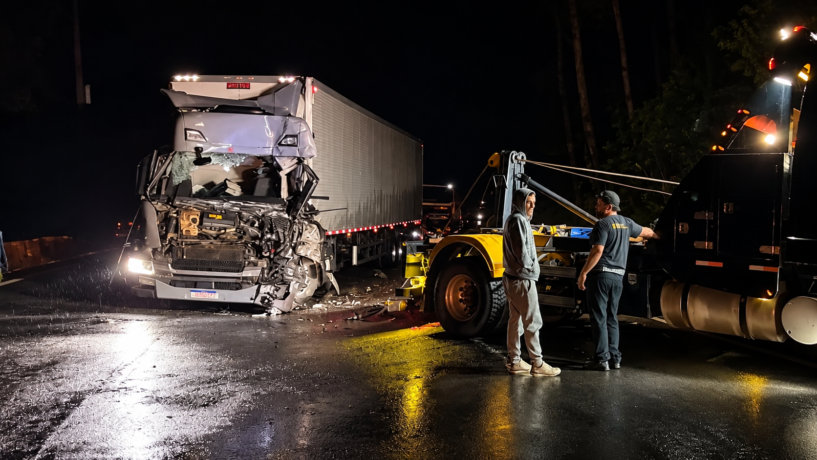 Caminhão com a cabine dianteira destruída, durante atendimento noturno de ocorrência em rodovia, com veículo de remoção e pessoas próximas.