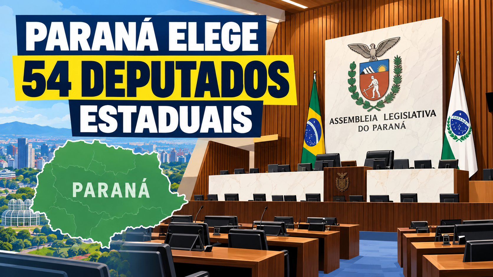 Arte sobre a eleição dos 54 deputados estaduais do Paraná em 2026, com mapa do estado e referência à Assembleia Legislativa do Paraná.