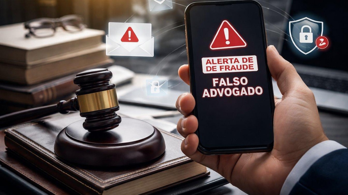 Celular com alerta sobre golpe do falso advogado ao lado de um martelo da Justiça e documentos, ilustrando fraudes financeiras.