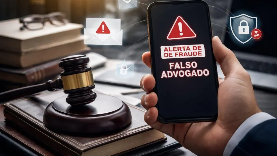 Celular com alerta sobre golpe do falso advogado ao lado de um martelo da Justiça e documentos, ilustrando fraudes financeiras.