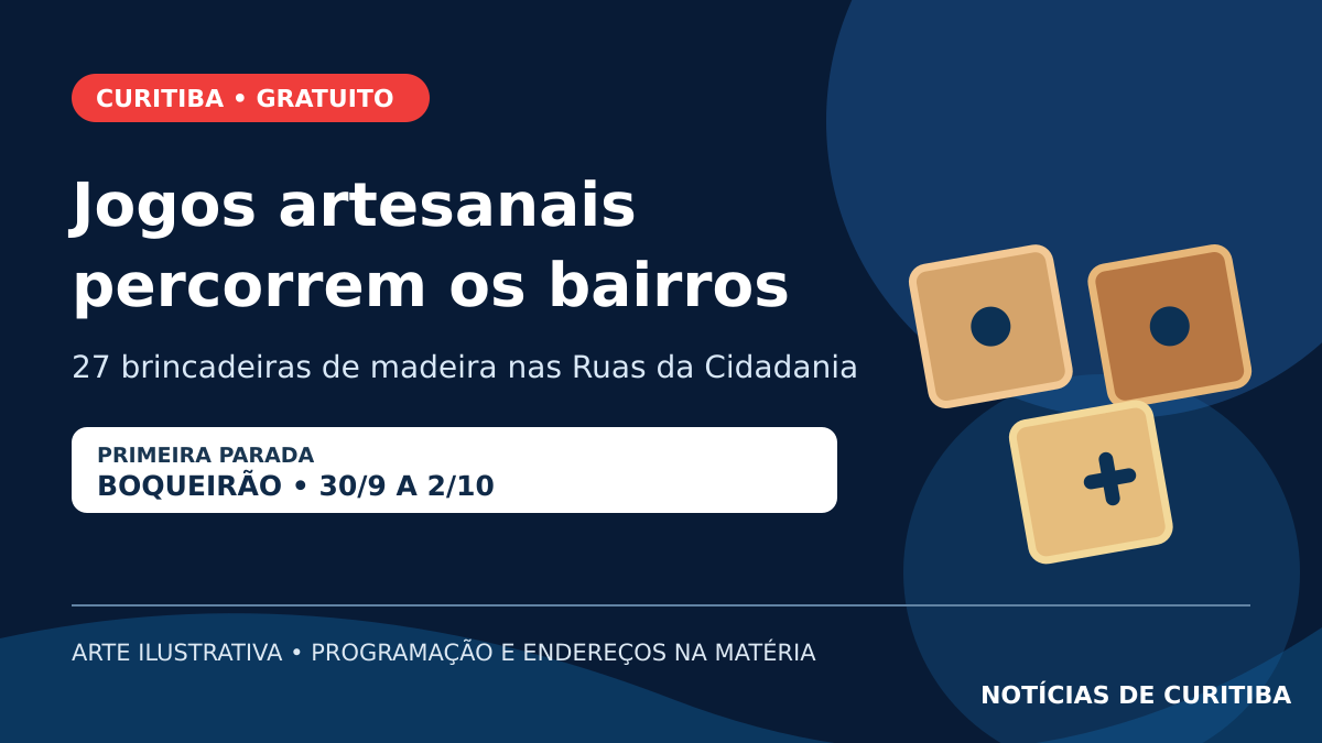 Arte ilustrativa com peças de jogos de madeira e informações do circuito gratuito em Curitiba